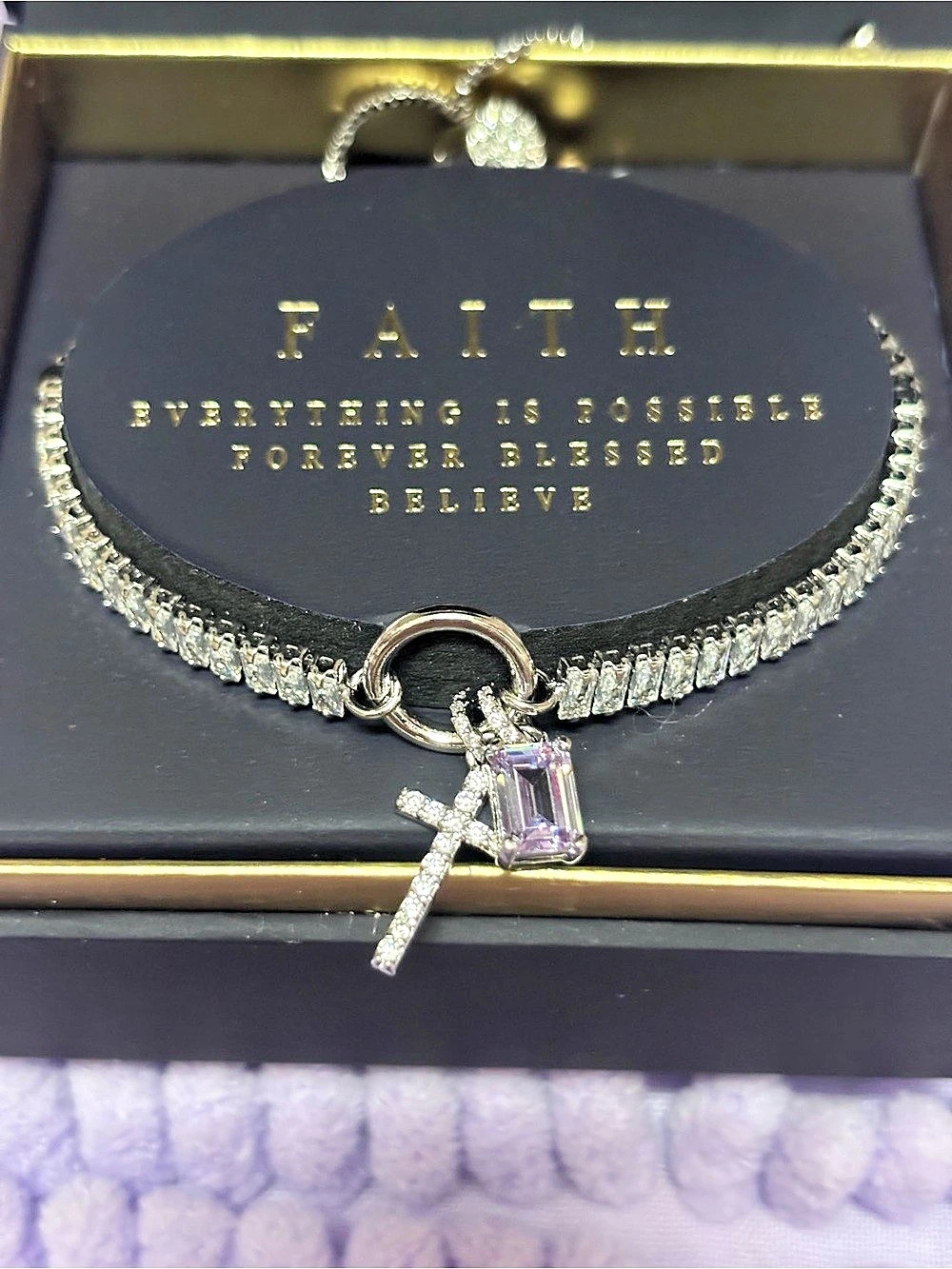Brilliance Crystal Pendant bracelet in Silver with an amethyst & diamond cross
